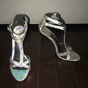 B Brian Atwood Silver Metallic Strappy Heels